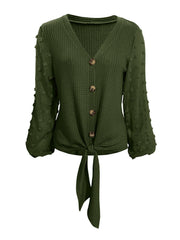 Army green waffle knit tie front blouse with Swiss dot sleeves