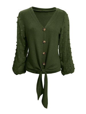 Army green waffle knit tie front blouse with Swiss dot sleeves