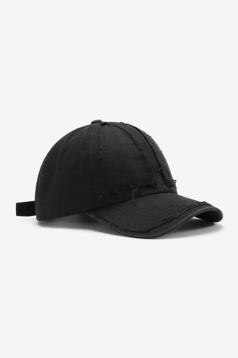 Black denim baseball cap with raw edge details and adjustable strap