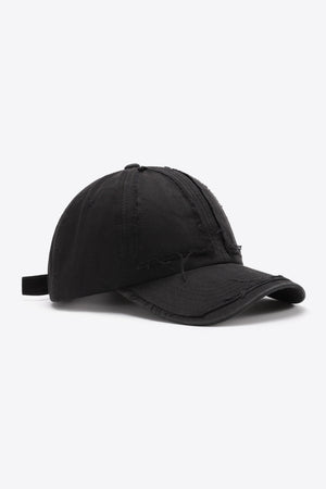 Black denim baseball cap with raw edge details and adjustable strap