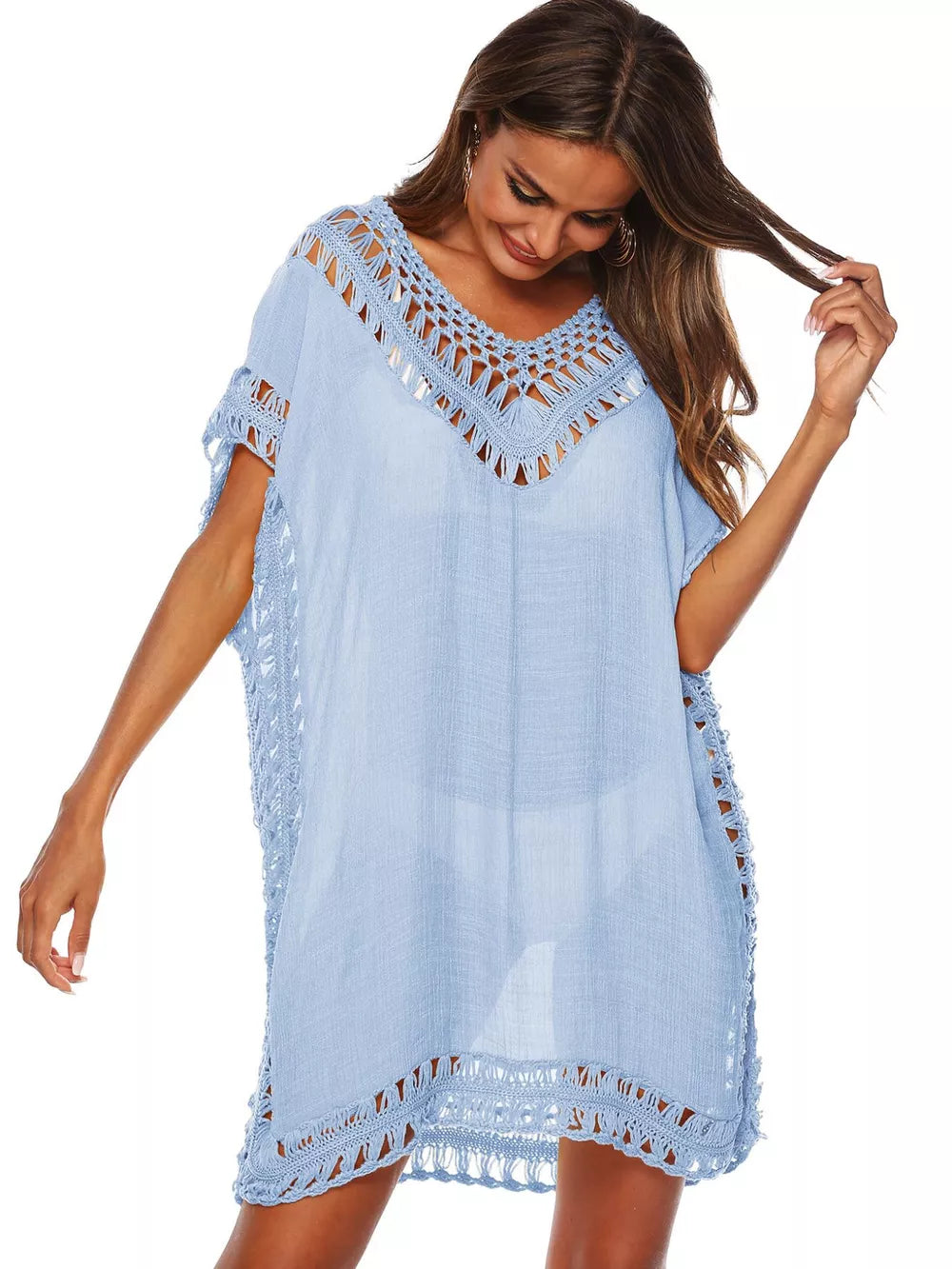 Sky Blue crochet v-neck cover-up dress with fringe trim and cutout details.