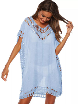 Sky Blue crochet v-neck cover-up dress with fringe trim and cutout details.