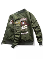 Army green embroidered bomber jacket with eagle and text patches, zip front, and utility pocket.