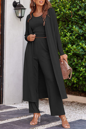Black ribbed knit duster and lounge set with wide leg pants and crew neck top.