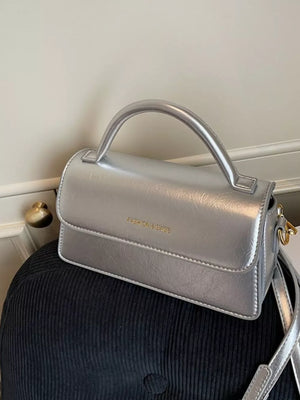 Top Handle Flap Mini Crossbody Bag in Silver, fabric detail