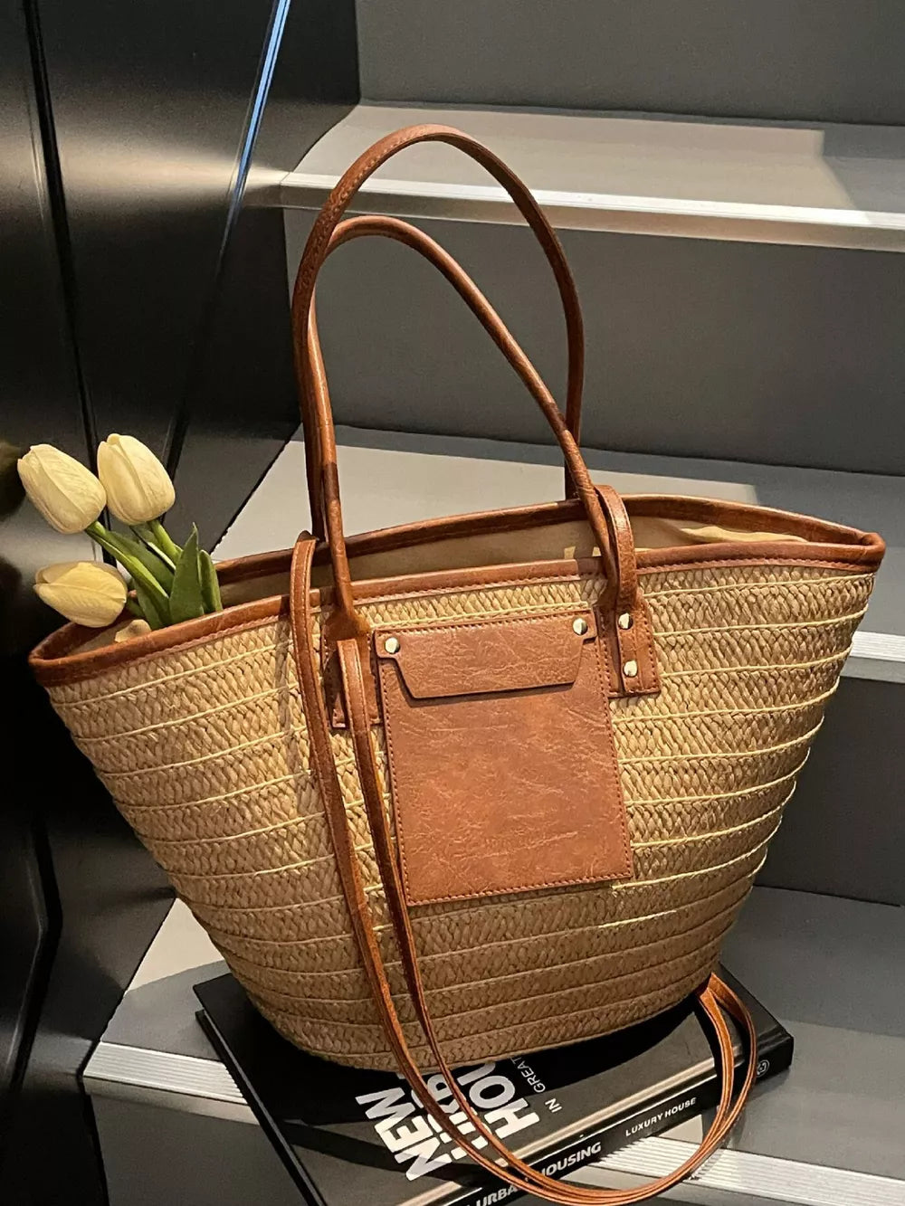 Straw Woven Shoulder Bag With Leather Accents in Khaki, fabric detail