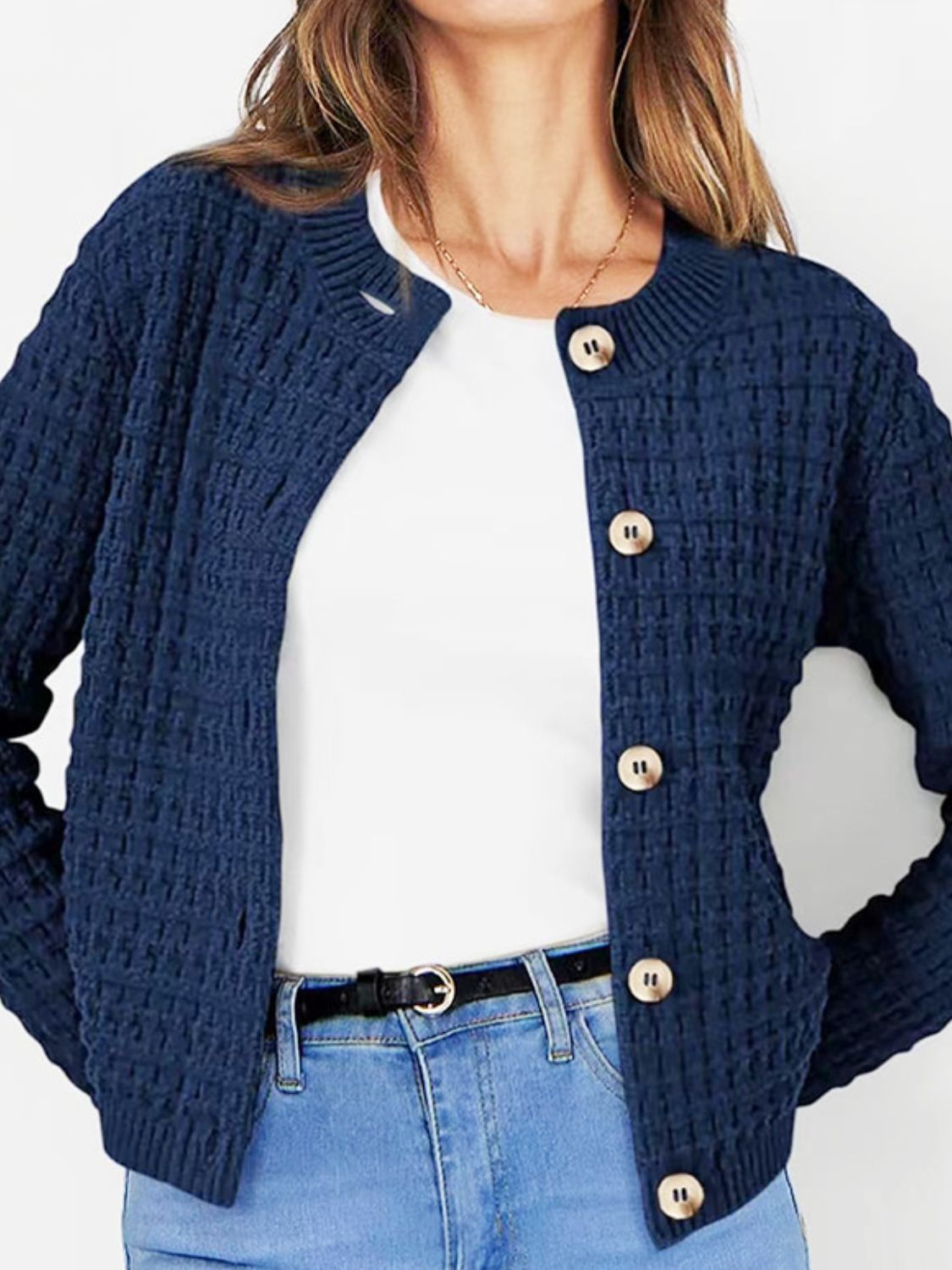 Navy textured knit button-up cardigan with round neckline and wooden buttons.