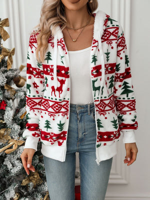 White fleece zip-up hoodie with festive Fair Isle pattern of deer and trees.