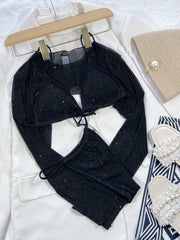 Black glitter mesh bikini set with long sleeve bolero and tie bottoms.