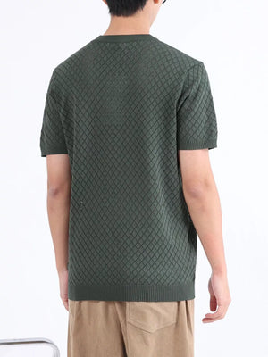 Men's army green diamond knit short sleeve tee with ribbed hem.