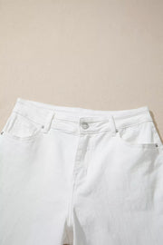 White denim casual wide-leg high-waisted jeans with button fly and pockets.