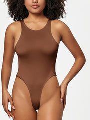 Brown high neck tank bodysuit with a high cut leg