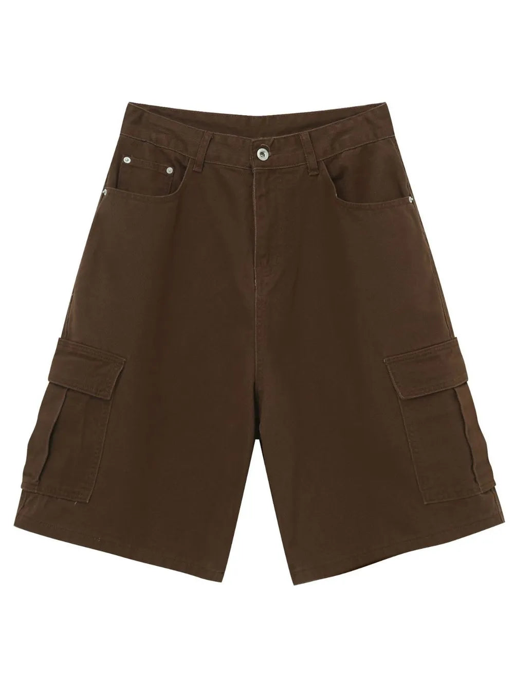 Coffee brown baggy cargo bermuda shorts with buttoned front and side pockets.
