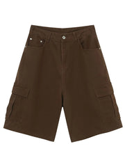 Coffee brown baggy cargo bermuda shorts with buttoned front and side pockets.