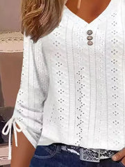 Full Size V-neck Eyelet Drawstring Sleeve Top in Pink, side view
