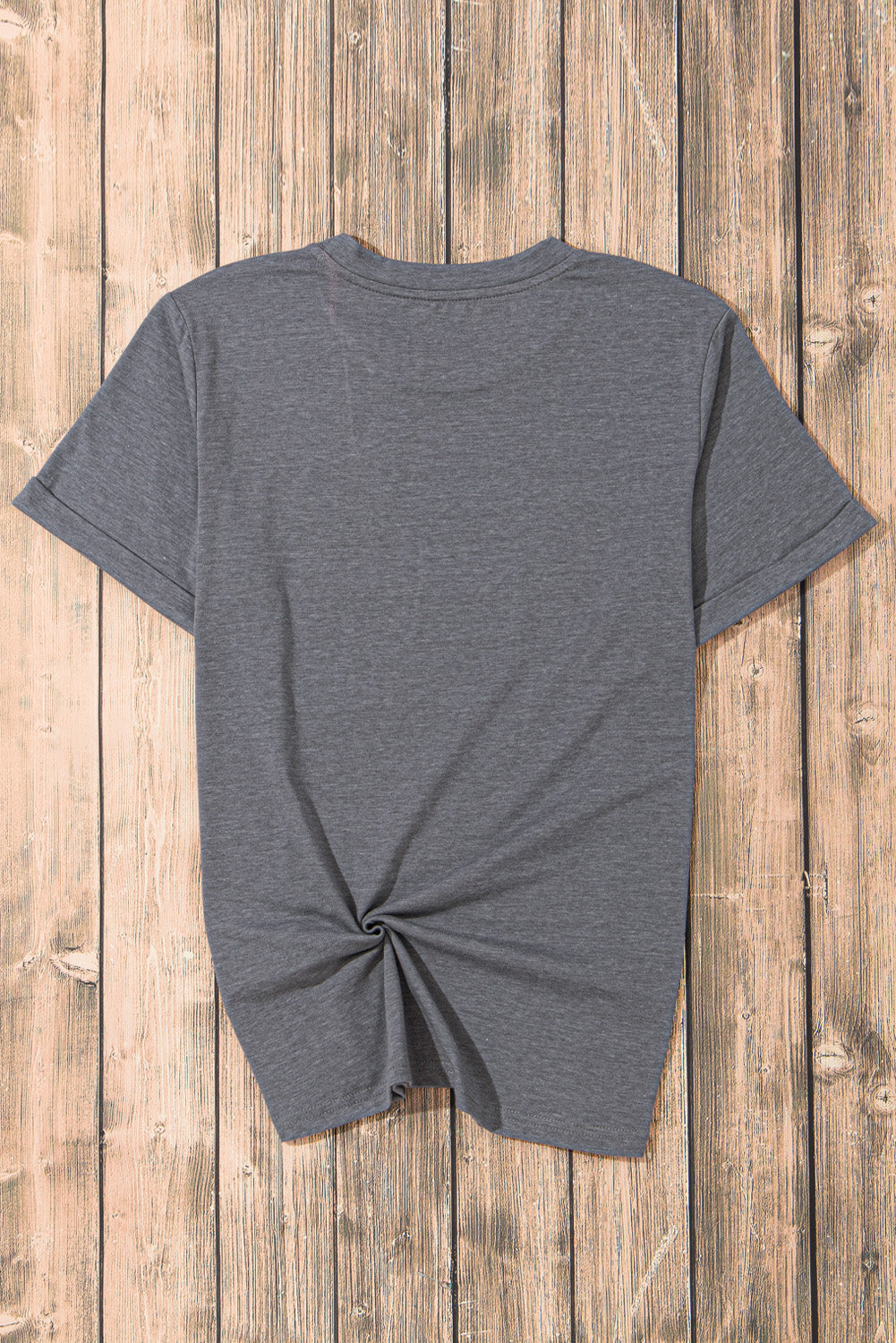 Dark gray cotton t-shirt with rolled sleeves and a twisted hem detail.