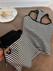 Black and white striped tank top and shorts set with drawstring waist.