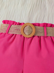 Toddler ruffled set in Rose Red with a belted waist featuring a wooden ring buckle.