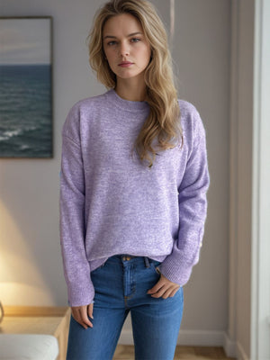 Lavender textured knit crew neck pullover sweater with ribbed cuffs and hem.