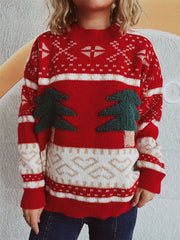 Festive red knit sweater with appliqué trees and Fair Isle pattern.