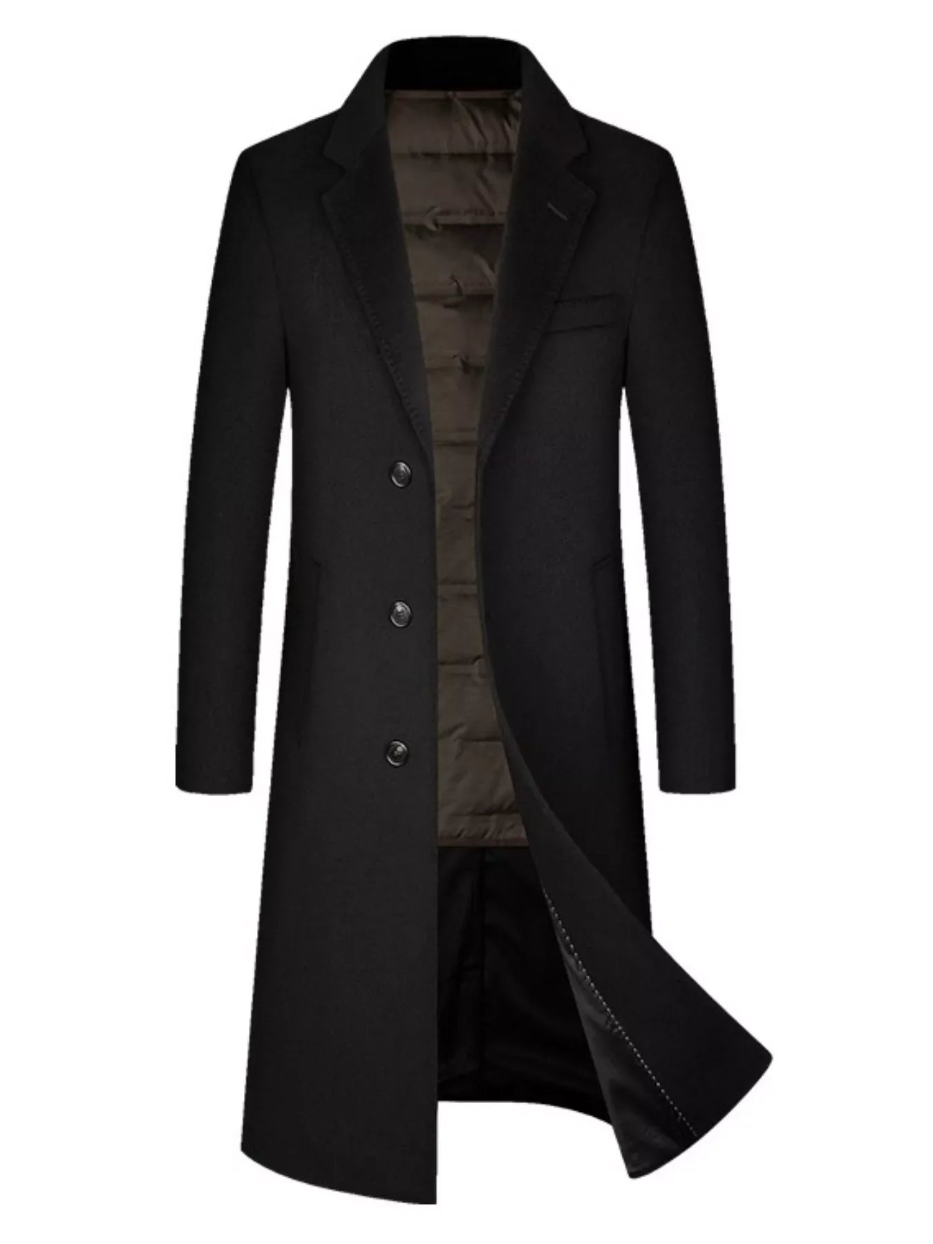 Men's black classic button up overcoat with notched lapels and a quilted lining.