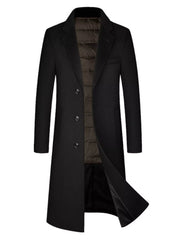 Men's black classic button up overcoat with notched lapels and a quilted lining.