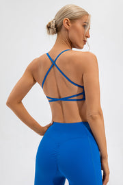 Blue sports bra with crisscross back straps and a cutout detail.