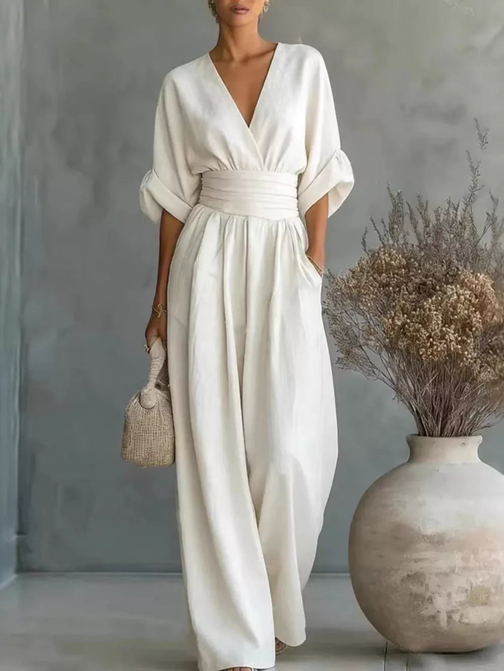 Full Size Half Sleeve Wide Leg Jumpsuit, model styling view