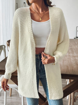 Cream ribbed knit dolman sleeve cardigan with horizontal texture, open front, and long sleeves.
