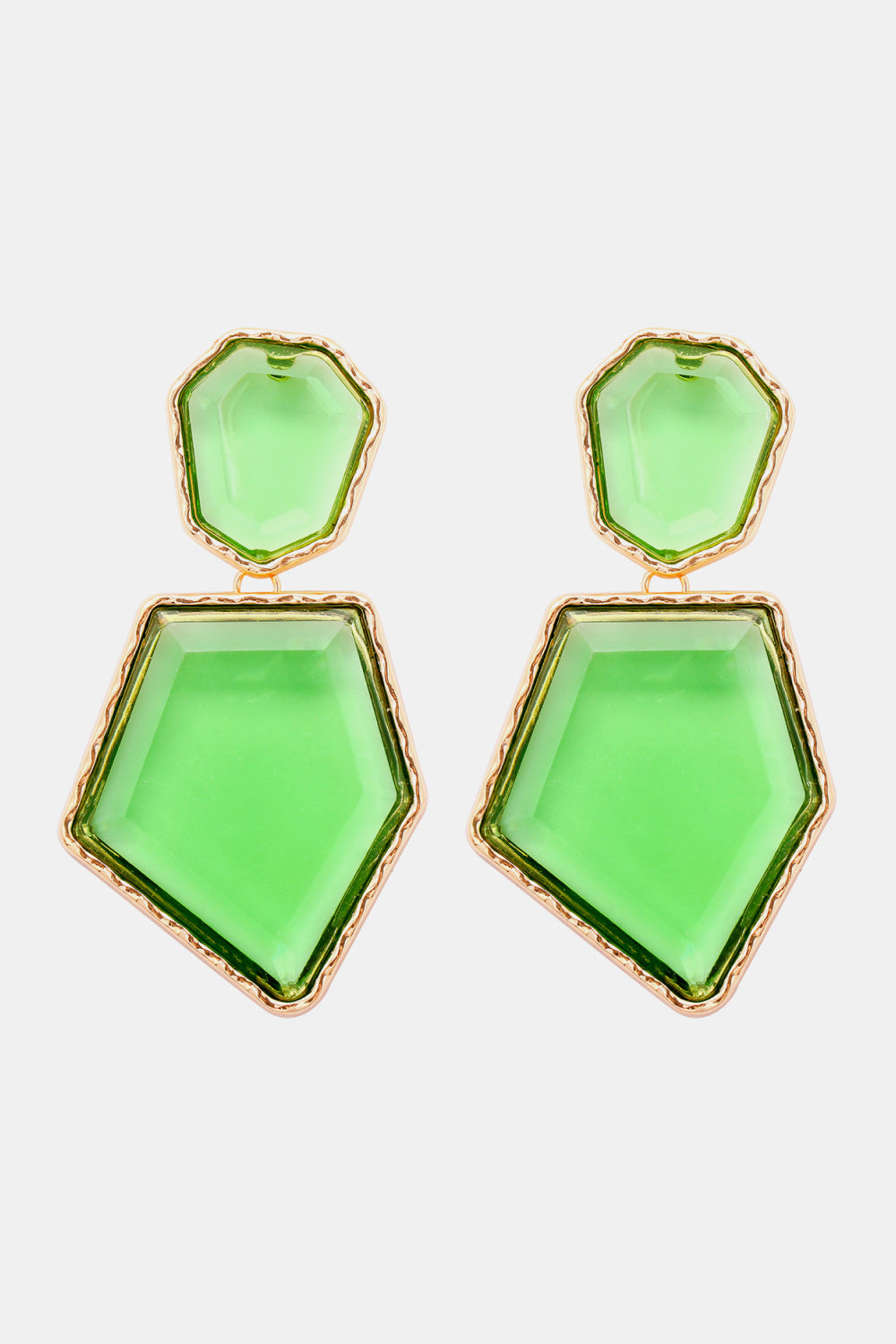 Resin facet drop earrings in neon green with gold trim, featuring geometric shapes.