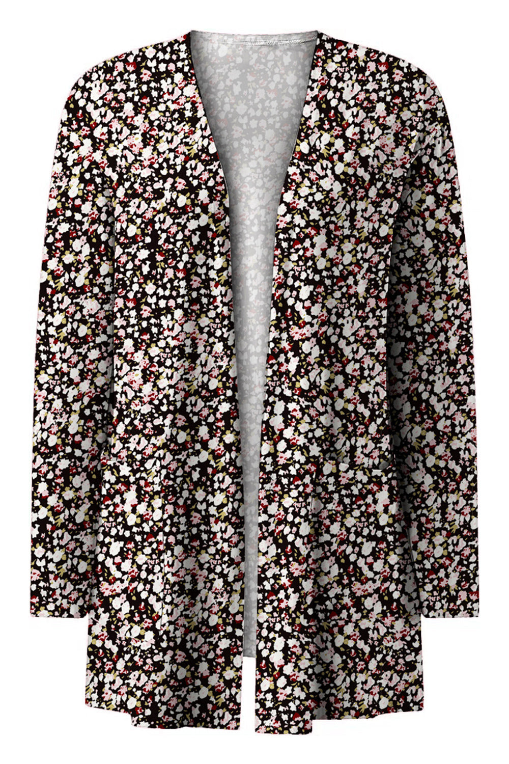 Open-front duster cardigan with a black floral print and pockets