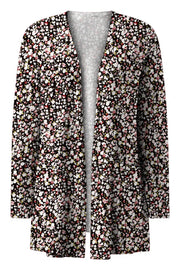 Open-front duster cardigan with a black floral print and pockets