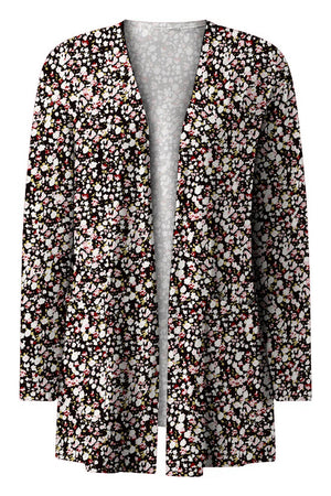 Open-front duster cardigan with a black floral print and pockets