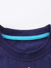 Boys' dark navy cotton t-shirt with blue trim detail at the neckline.