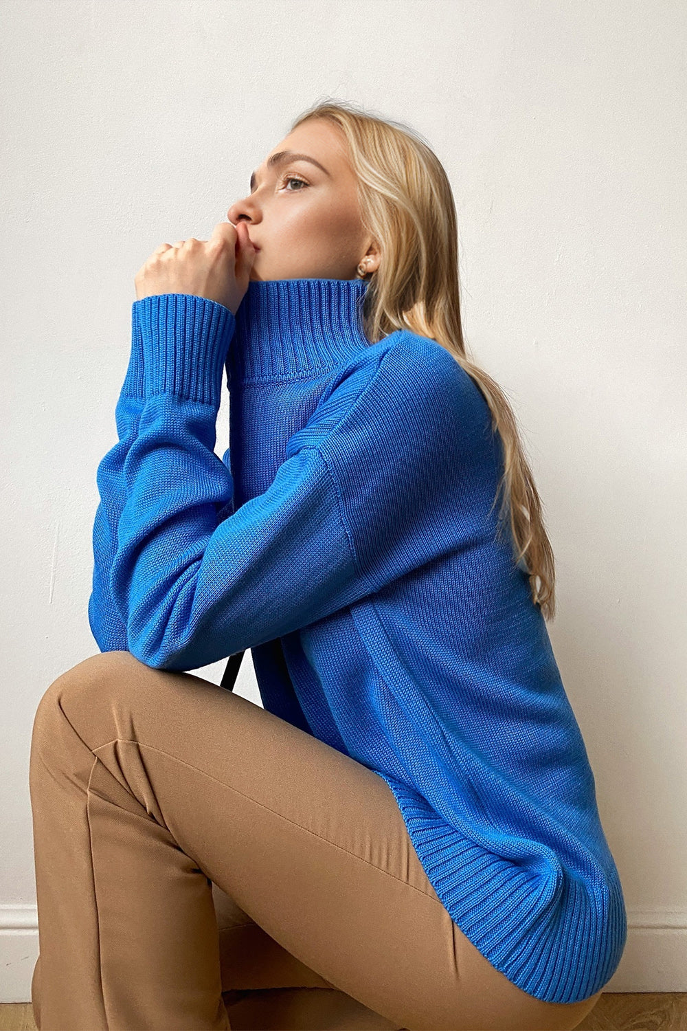 Royal Blue oversized cashmere turtleneck sweater with ribbed cuffs and hem.