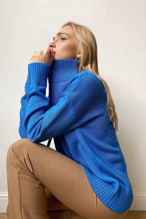 Royal Blue oversized cashmere turtleneck sweater with ribbed cuffs and hem.