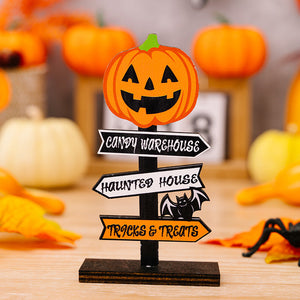 Halloween directional signpost with jack-o-lantern, bat, and text for Candy Warehouse, Haunted House, Tricks & Treats.