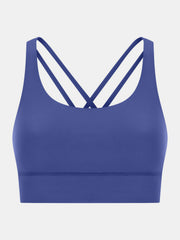 Royal Blue sports bra with crisscross back straps and scoop neckline.