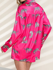 Hot Pink leopard print silk pajama shirt with button front and spread collar.