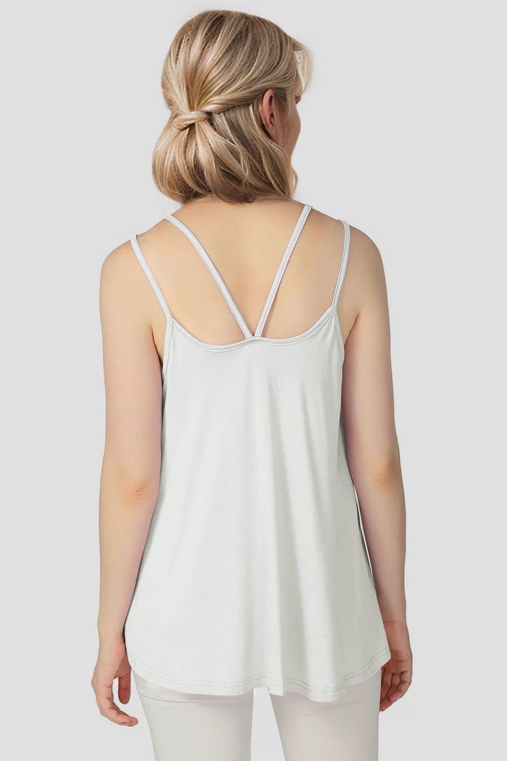 White bamboo trapeze cami with double spaghetti straps and a V-back.