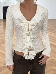 Ruffled Long-sleeve Tie-front Blouse, front view