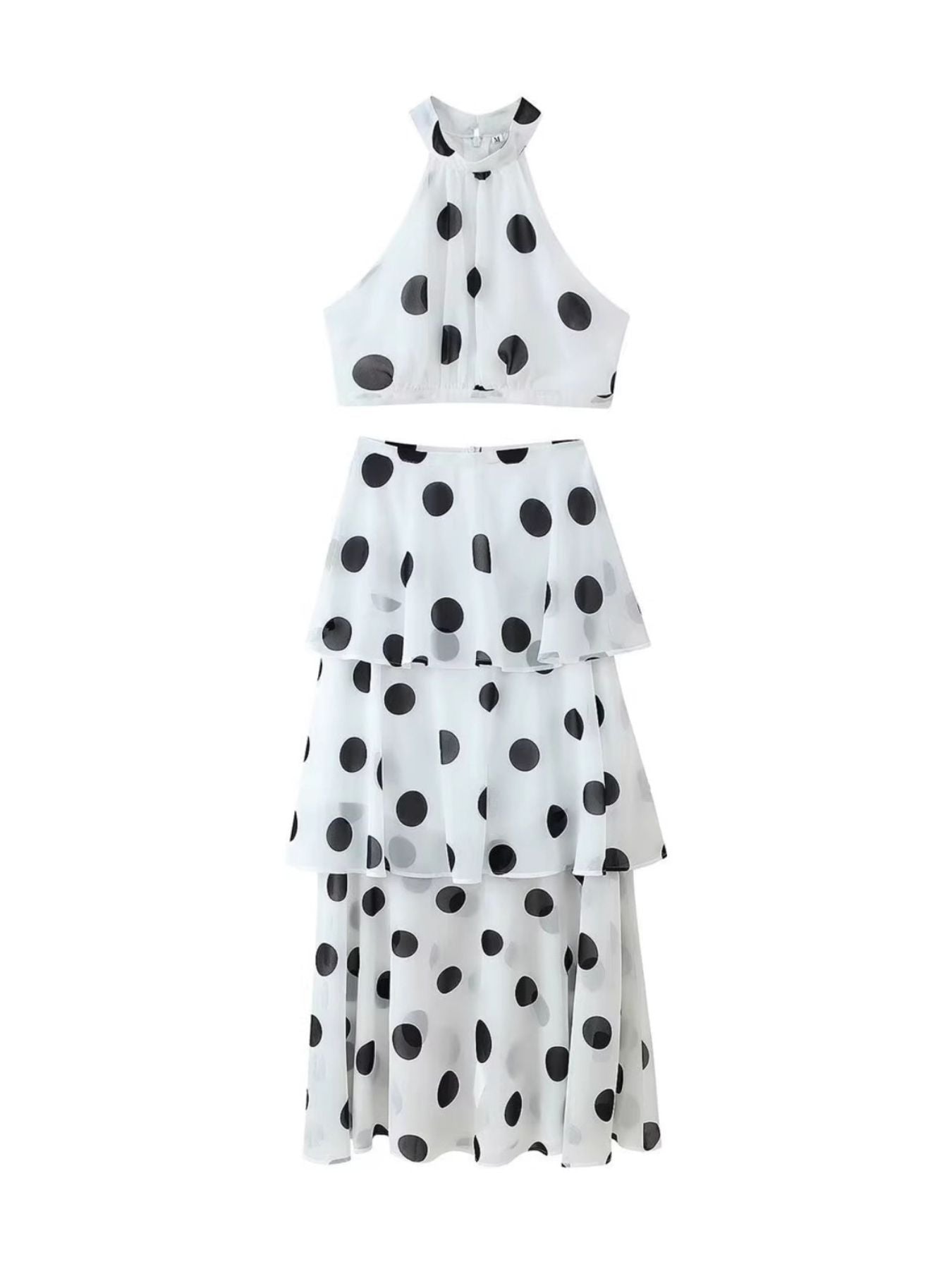 White polka dot halter crop top and tiered midi skirt set
