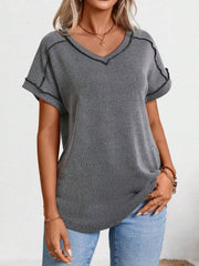 Dark Gray ribbed V-neck t-shirt with contrast stitching and short sleeves.