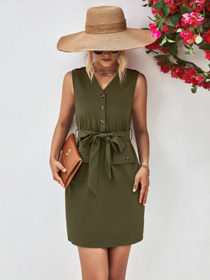 Army green sleeveless button-down shirtdress with tie waist and pockets