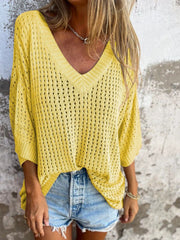 Yellow open-knit V-neck sweater with slouchy fit and short sleeves