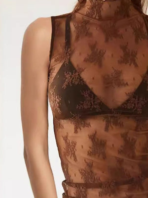 Brown sheer mock neck lace tank top with floral pattern and dot details.