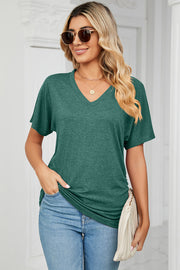 Dark Green V-neck tee with short dolman sleeves and subtle side ruching.
