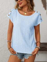 Light blue eyelet knit tee with shoulder button detail and short sleeves
