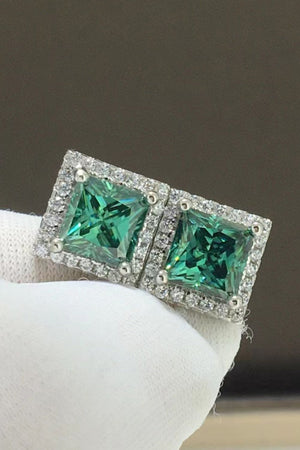 Green square stud earrings with diamond halo detail