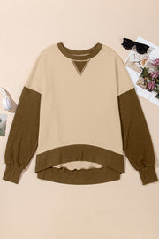 Chic Contrast Crewneck Sweatshirt in tan and brown with contrast stitching and a high-low hem.